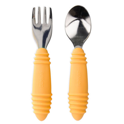 Picture of Bumkins Toddler Utensils, Kids Size Fork and Spoon Set, Silicone and Stainless-Steel Training Silverware, Angled Forks / Sporks for Self-Feeding, Children Learning to Eat, 18 Mos Up, Tangerine Orange