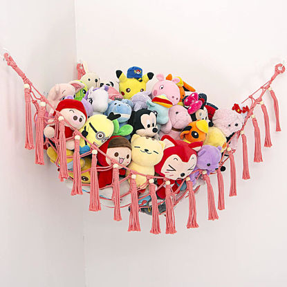 Picture of MAKEONEWO Stuffed Animal Toy Hammock Hanging-Handmade Large Pink Macrame Organizer Display Corner Plush Toys Net Holder for Boho Girl Nursery Playroom Bedroom Kids Room Storage, 1 Pack