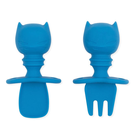 Picture of Bumkins Baby Utensils Set, Chewtensils Silicone Spoons for Dipping, Self-Feeding, Baby Led Weaning, Trainer Learning, First Stage Eating, Soft Practice Fork and Spoon, 6 Months, Batman Blue