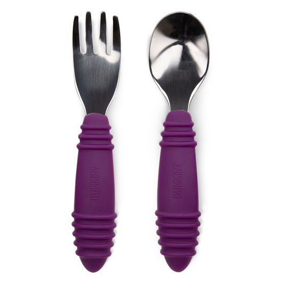 Picture of Bumkins Toddler Utensils, Kids Size Fork and Spoon Set, Silicone and Stainless-Steel Training Silverware, Angled Forks / Sporks for Self-Feeding, Children Hold Learning to Eat, 18 Months Up, Purple