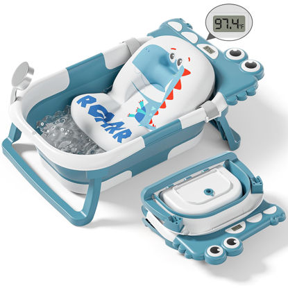 Picture of Alligator Collapsible Baby Bathtub for Newborn with Thermometer & 1 Soft Floating Cushion & Drain Hole, Foldable & Portable Travel Baby Bath Tub for Newborns to Toddlers 0-36 Months Girl