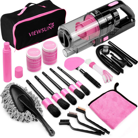 Picture of Viewsun 17pcs Car Cleaning Kit, Pink Car Interior Detailing Kit with High Power Handheld Vacuum, Detailing Brush Set, Windshield Cleaner, Cleaning Gel, Complete Auto Accessories for Women Gift