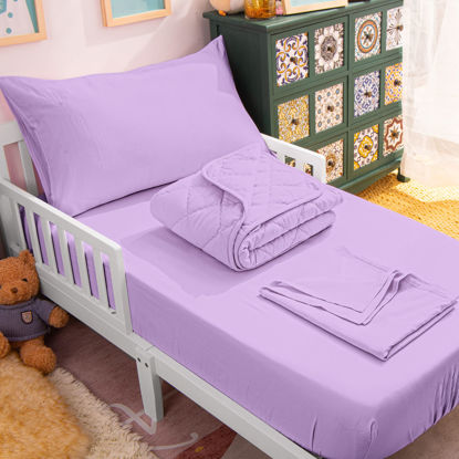 Picture of NTBAY Toddler Bedding Set - 4 Piece Soft and Breathable Crib Bedding Set for Boys and Girls, Includes Quilted Comforter, Fitted Sheet, Flat Top Sheet and Envelope Pillowcase, Lavender