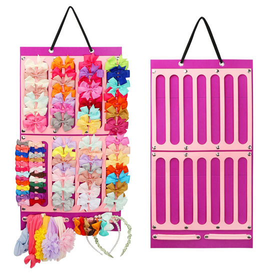 Picture of Vimiv Hair Bows Holder w/Large Capacity, Hair Clips Storage Hanger w/16 Ribbons, Hair Bows Organizer, Baby Hair Accessory Storage Display w/Sturdy Rope, Wall Hanging for Girl Room-Purple