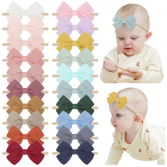 Picture of jollybows 20pcs Baby Girls Nylon Hair Bows Headbands Linen Bands Elastic Accessories for Baby Girls Infants preemie and Newborn Kids