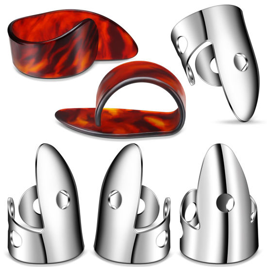 Picture of Shappy 6 Pcs Banjo Finger Picks Set Stainless Steel Finger Pick and Thumb Picks for Banjo Metal Guitar Finger Pick Adjustable Finger Pick Banjo Accessories (Silver, Amber)