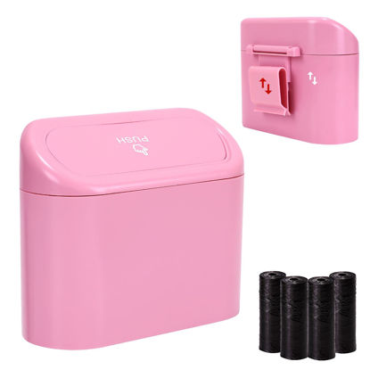 Picture of Ginsco Mini Car Trash Can with Lid, Small Car Garbage Can, Cute Leakproof ABS Car Trash Bin, Car Accessories for Interior, Garbage Bin for Car, Home, Office with 60pcs Trash Bags Pink