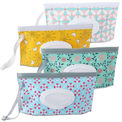 Picture of FEBSNOW 4 Pack Baby Wipe Dispenser, Portable Refillable Wipe Holder, Baby Wipes Container, Wipe Dispenser, Reusable Travel Wet Wipe Pouch (Floral)