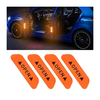 Picture of 4PCS Reflective Open Warning Stickers for Car Door, Night Visibility Auto Safety Prompt Decals, 3.6 Inch Anti-Collision Protective Strip Tape, Car Accessories Universal for Truck, SUV, Van (Orange)