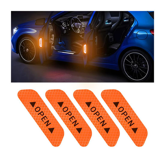 Picture of 4PCS Reflective Open Warning Stickers for Car Door, Night Visibility Auto Safety Prompt Decals, 3.6 Inch Anti-Collision Protective Strip Tape, Car Accessories Universal for Truck, SUV, Van (Orange)