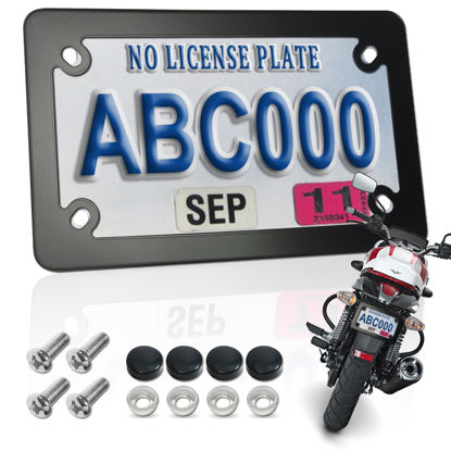 Picture of FBJTDQ Motorcycle License Plate Frame- Black Matte Stainless Steel Bike Tag Plate Holder, 4 Holes Heavy-Duty Metal Bracket 1 Pack, with Mounting Hardware Screws Nuts Caps