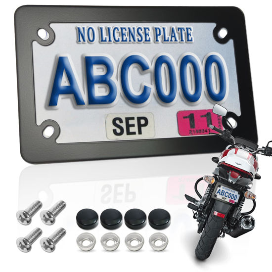 Picture of FBJTDQ Motorcycle License Plate Frame- Black Matte Stainless Steel Bike Tag Plate Holder, 4 Holes Heavy-Duty Metal Bracket 1 Pack, with Mounting Hardware Screws Nuts Caps