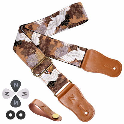 Picture of Nefelibata Japanese Cotton Guitar Strap for Acoustic Guitar, Ukulele, Free Headstock Strap Adapter, Strap Button, Guitar Picks and Strap Locks(White Crane)