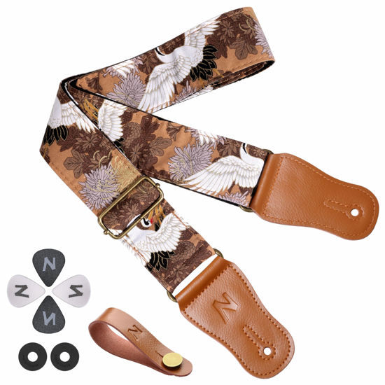 Picture of Nefelibata Japanese Cotton Guitar Strap for Acoustic Guitar, Ukulele, Free Headstock Strap Adapter, Strap Button, Guitar Picks and Strap Locks(White Crane)