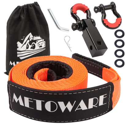 Picture of METOWARE Heavy Duty Tow Strap Recovery Kit - 3" x 20ft(35,000lbs) Tree Saver Winch Strap + 3/4" D Ring Shackles(2pcs) +2"Shackle Hitch Receiver + 5/8 Hitch Pin + Storage Bag - Truck, SUV, ATV Off Road