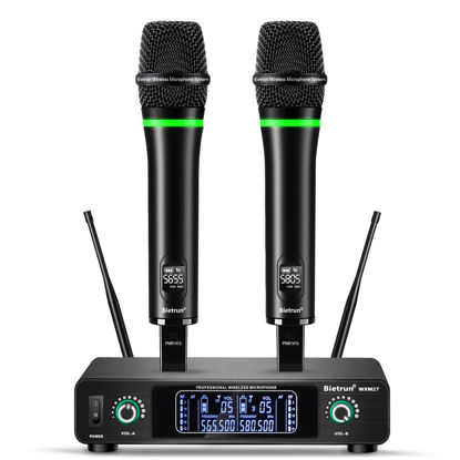 Picture of Bietrun Wireless Microphone, Rechargeable Metal Dual UHF Cordless Dynamic Handheld Microphone System for Home Karaoke, Meeting, Party, Church, DJ, Wedding(UHF 240ft Range)(Receiver with Bluetooth)