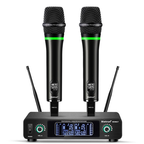 Picture of Bietrun Wireless Microphone, Rechargeable Metal Dual UHF Cordless Dynamic Handheld Microphone System for Home Karaoke, Meeting, Party, Church, DJ, Wedding(UHF 240ft Range)(Receiver with Bluetooth)