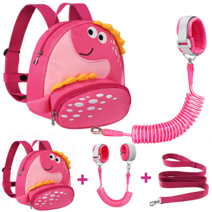 Picture of Accmor Toddler Backpack Harness with Safety Leash, Cute Dinosaur Harnesses with Kids Anti Lost Wrist Link, Mini Child Schoolbag with Wristband Tether Strap and Protection Leashes for Baby Girls (Pink)