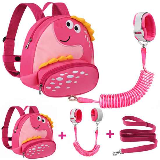 Picture of Accmor Toddler Backpack Harness with Safety Leash, Cute Dinosaur Harnesses with Kids Anti Lost Wrist Link, Mini Child Schoolbag with Wristband Tether Strap and Protection Leashes for Baby Girls (Pink)