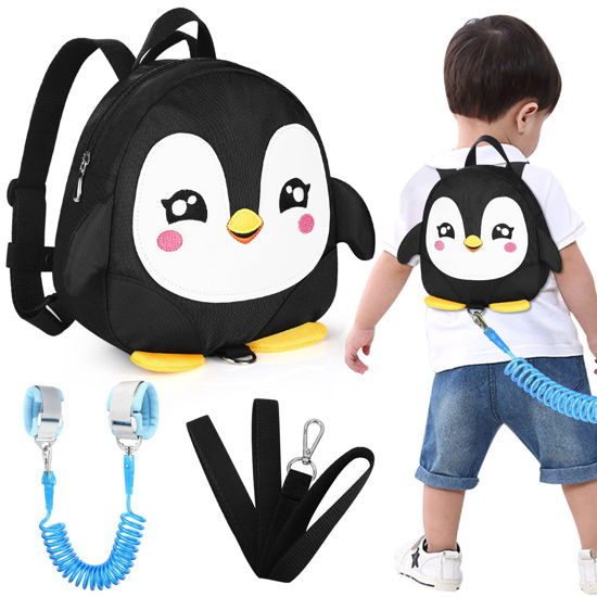 Picture of Accmor Toddler Harness Backpack Leash, Cute Penguin Kid Backpacks with Anti Lost Wrist Link, Mini Child Backpack Harness Leashes Walking Wristband Rope Travel Bag Harness Rein for Baby Girls (Black)