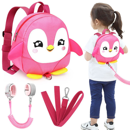 Picture of Accmor Toddler Harness Backpack Leash, Cute Penguin Kid Backpacks with Anti Lost Wrist Link, Mini Child Backpack Harness Leashes Walking Wristband Rope Travel Bag Harness Rein for Baby Girls (Pink)