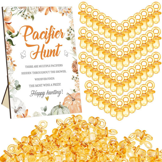 Picture of Thyle 51 Pcs Pacifier Hunt Baby Shower Games Include Baby Pacifier Hunt Sign and 50 Acrylic Baby Pacifiers Baby Pacifiers for Baby Shower Game Gift Sets Gender Reveal(Pumpkin)