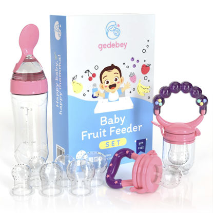 Picture of Baby Fruit Feeder Pacifier - 3 Pack | 2 Frozen Fruit Teething Pacifier & 1 Baby Food Spoon Feeder | Baby Silicone Feeder Pacifier | Teething Feeder, Baby Food Feeder Fruit Pacifier (Pink)
