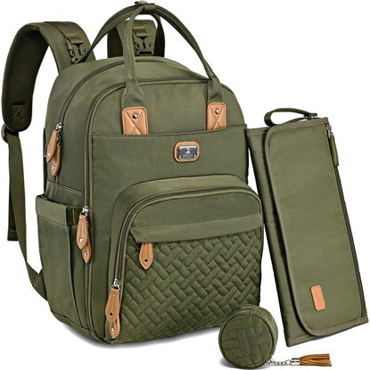 Picture of Dikaslon Diaper Bag Backpack with Portable Changing Pad, Pacifier Case and Stroller Straps, Large Unisex Baby Bags for Boys Girls, Multipurpose Travel Back Pack Moms Dads, Green