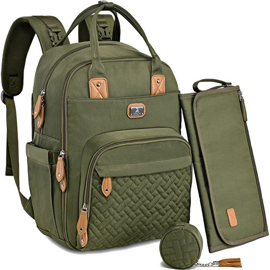 Picture of Dikaslon Diaper Bag Backpack with Portable Changing Pad, Pacifier Case and Stroller Straps, Large Unisex Baby Bags for Boys Girls, Multipurpose Travel Back Pack Moms Dads, Green