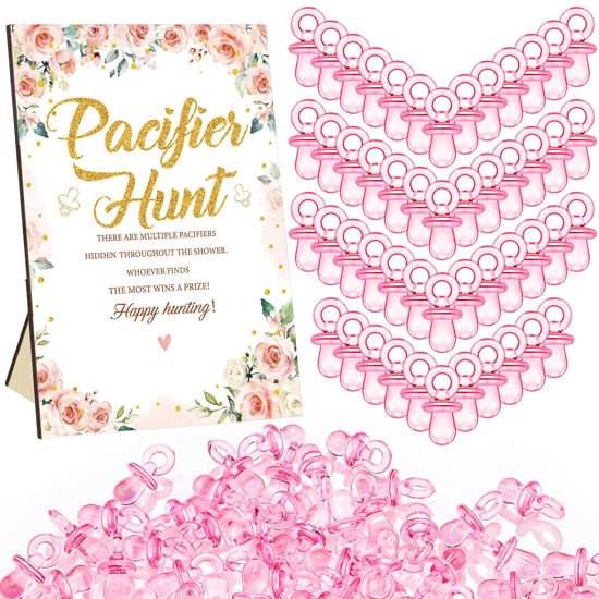 Picture of Thyle 51 Pcs Pacifier Hunt Baby Shower Games Include Pacifier Hunt Sign and 50 Acrylic Pacifiers for Baby Shower Game Decoration Gift Sets Gender Reveal Party Decor(Flower)