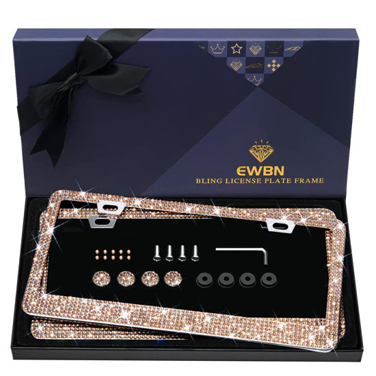 Picture of Bling Rhinestone License Plate Frame for Women 2PC，Diamond Sparkly License Plate Frames| Stainless Steel Frames & Over 1200 pcs Finest 14 Facets Glass Crystals Premium Diamond+GiftBox(Champagne)
