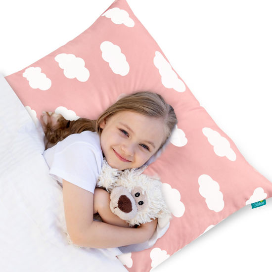 Picture of Toddler Pillow for Sleeping, Kid Pillow 14" x 19" for Small Travel Bed, Nap Pillow for Crib, Soft & Skin-Friendly Small Pillows for Sleeping, Toddler Use Only, Age 2 to 5 (Pink Cloud)