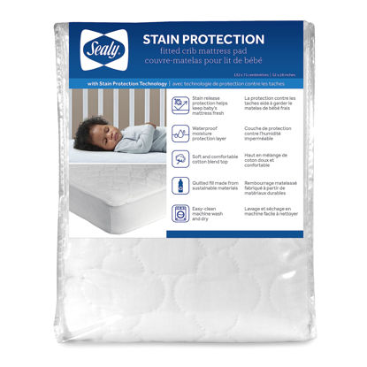 Picture of Sealy Baby Stain Protection Fitted Waterproof Infant Crib Mattress Protector Pad and Toddler Bed Cover, Durable and Comfortable Topper, Machine Washable and Dryer Friendly, 52” x 28”- White