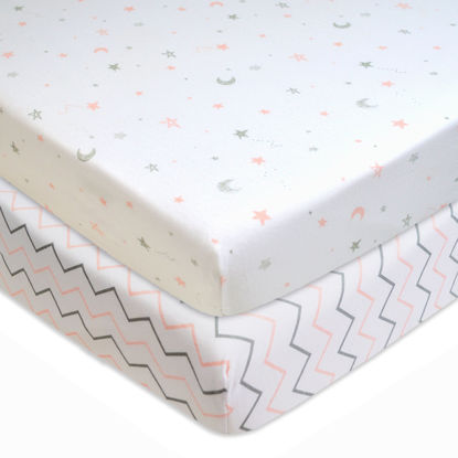 Picture of American Baby Company 2 Pack Fitted Pack N Play Playard Sheet 27" x 39", Soft Breathable Neutral 100% Cotton Jersey Pack and Play Sheet, Pink Stars/Zigzag, for Boys and Girls, Fits Most Mini Crib
