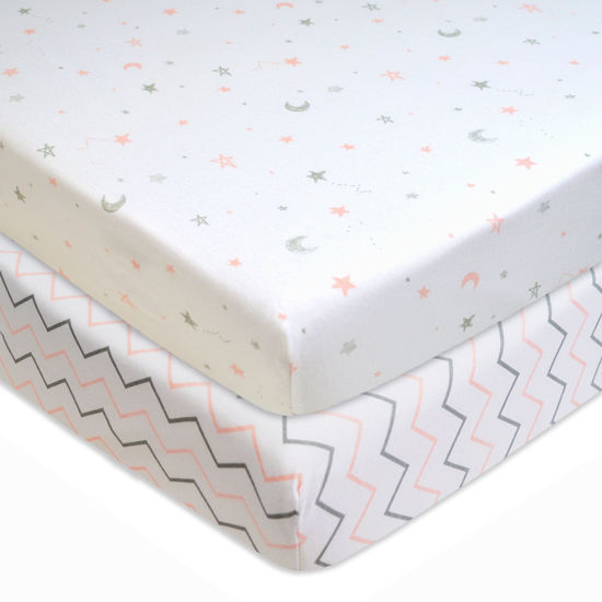 Picture of American Baby Company 2 Pack Fitted Pack N Play Playard Sheet 27" x 39", Soft Breathable Neutral 100% Cotton Jersey Pack and Play Sheet, Pink Stars/Zigzag, for Boys and Girls, Fits Most Mini Crib