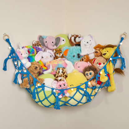 Picture of Lilly's Love Stuffed Animal Macrame Hammock w/String Lights | Large Boho Style Rope Net Holder for Kids Toys | Hanging Corner Nursery Storage Organizer for Your Plushie Pets (Blue)