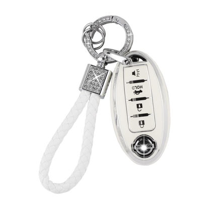 Picture of PIFOOG for Nissan Key Fob Cover 4 Button Murano Sentra Altima Rogue Kicks Armada Pathfinder Car Accessories TPU Smart Keys Case Shell Cute Bling Keychain Girly Women White