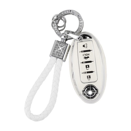 Picture of PIFOOG for Nissan Key Fob Cover 4 Button Murano Sentra Altima Rogue Kicks Armada Pathfinder Car Accessories TPU Smart Keys Case Shell Cute Bling Keychain Girly Women White