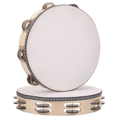 Picture of 2Pack 10 Inch Double Row Tambourine for Adults Wooden Hand Held Drum Bell Tambourine with Metal Jingles, Percussion Musical Instruments Hand Tambourine for Church, KTV, Party