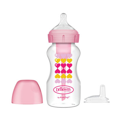 Picture of Dr. Brown’s Anti-Colic Options+ Wide-Neck Sippy Bottle Starter Kit, 9oz/270mL, with Level 3 Medium-Fast Flow Nipple and Soft 100% Silicone Sippy Spout, Pink, BPA Free, 6m+