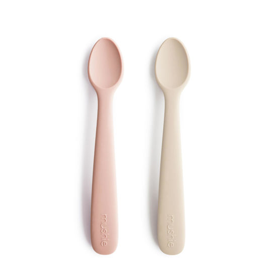 Picture of mushie Silicone Baby Feeding Spoons | 2 Pack (Blush/Shifting Sand)