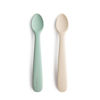 Picture of mushie Silicone Baby Feeding Spoons | 2 Pack (Cambridge Blue/Shifting Sand)