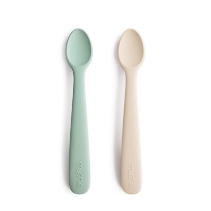 Picture of mushie Silicone Baby Feeding Spoons | 2 Pack (Cambridge Blue/Shifting Sand)