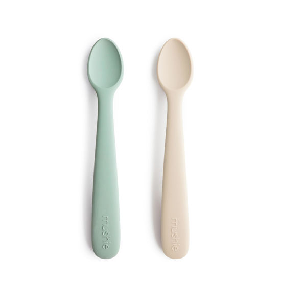Picture of mushie Silicone Baby Feeding Spoons | 2 Pack (Cambridge Blue/Shifting Sand)