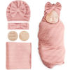 Picture of DRESHOW BQUBO Baby Swaddle Blankets for Girls, 4PCS Newborn Accessories Set with Matching Hat and Bow Headband with Card