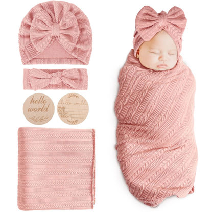 Picture of DRESHOW BQUBO Baby Swaddle Blankets for Girls, 4PCS Newborn Accessories Set with Matching Hat and Bow Headband with Card