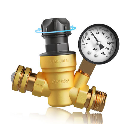 Picture of RVGUARD RV Water Pressure Regulator Valve With An Adjustable Knob, NO Tool Required, Brass Lead-Free Water Pressure Reducer with Gauge and Inlet Screen Filter for RV Camper Travel Trailer