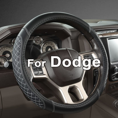 Picture of West Llama Customized Auto Car Steering Wheel Cover for Dodge 1989-2011 RAM 1500 2500 3500, Charger, Durango, Challenger(Diamond Quilted-Black+Gray-Standard Size)