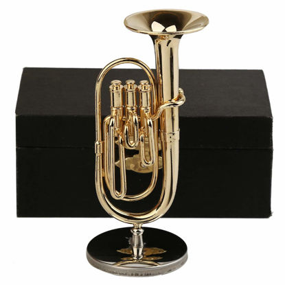 Picture of Dselvgvu Copper Miniature Baritone Horn with Stand and Case Mini Musical Instrument Miniature Replica Dollhouse Model Mini Baritone Horn Miniature Tuba Home Ornament (3.94"x1.42" Baritone Horn)