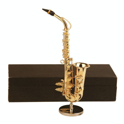 Picture of Dselvgvu Copper Miniature Saxophone with Stand and Case Mini Musical Instrument Miniature Replica Dollhouse Model Mini Saxophone Home Ornament (6.22"x3.07"x1.12" Alto Saxophone)